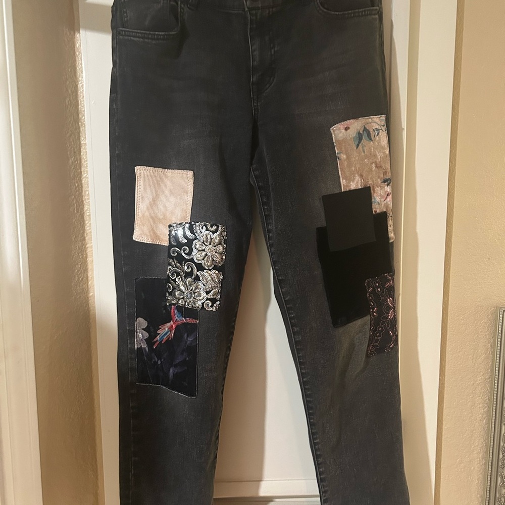 LOGO by Lori Goldstein Black Patchwork Straight Leg Jeans